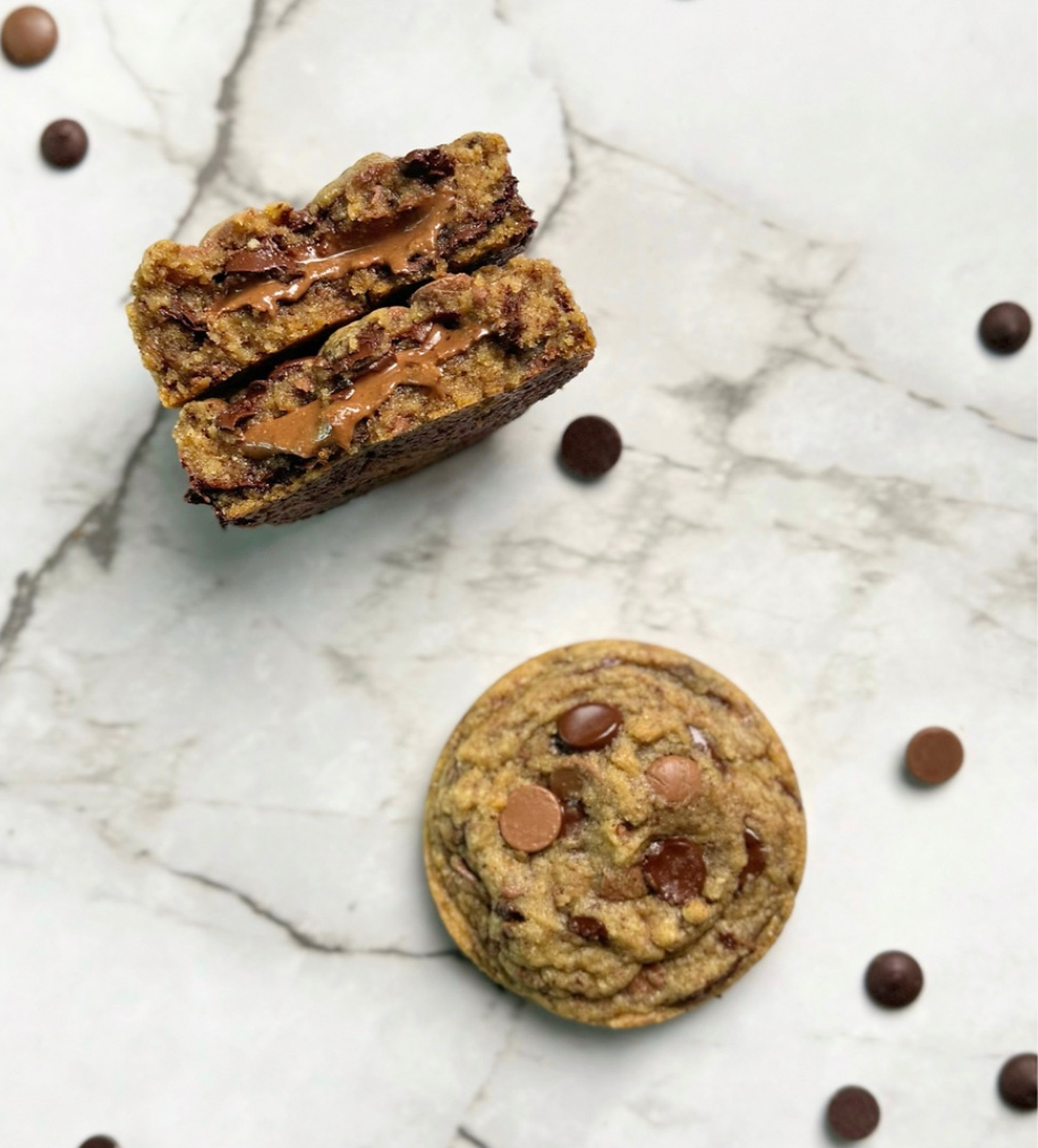 Chocolate chip cookies, one cut open