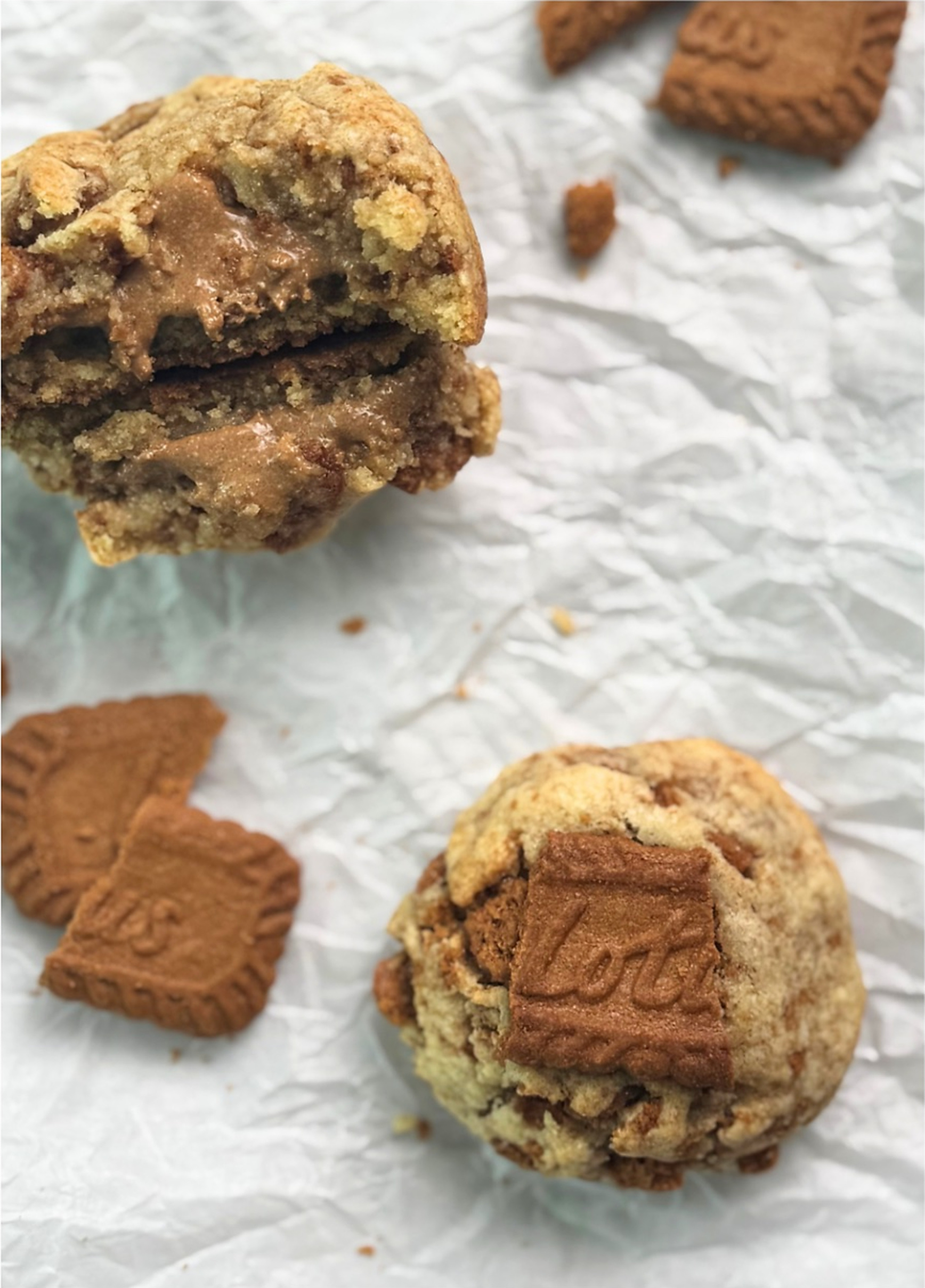 Crunchy Biscoff cookies, one cut open